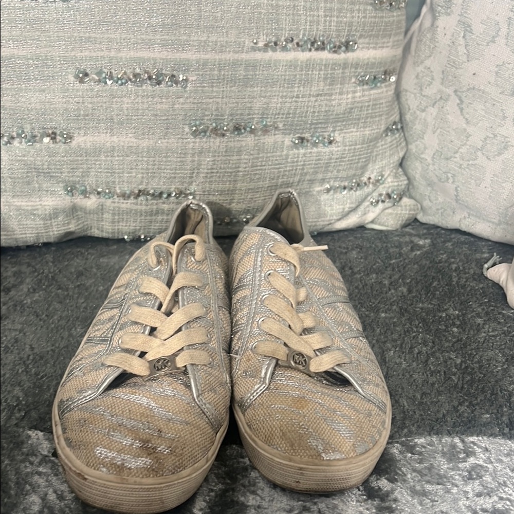 Stylish Women's Sneakers in Beige and Silver MK
